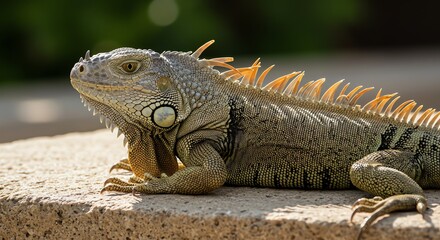 Fototapeta premium Green iguana resting on concrete surface