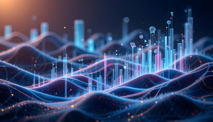 An abstract, futuristic landscape depicting a vibrant digital data flow, characterized by undulating waves of neon blue and pink lines, intertwined with glowing geometric bar graphs and scattered lumi