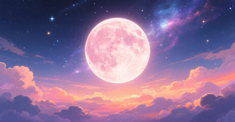 Beautiful night sky with full luminous moon, pastel clouds and glowing galaxy stars in magical fantasy scene