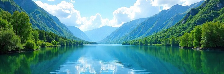 Serene landscape featuring a tranquil lake surrounded by lush greenery and towering mountains under a clear blue sky, perfect for relaxation and leisure activities ,  unwind,  getaway,  quiet