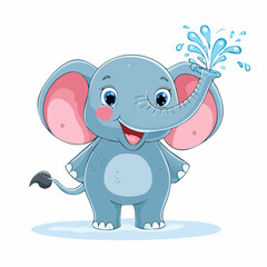 Obraz premium Playful Elephant's Water Fun: A cheerful elephant calf playfully sprays water with its trunk, creating a joyful splash, rendered in vibrant and whimsical illustration.