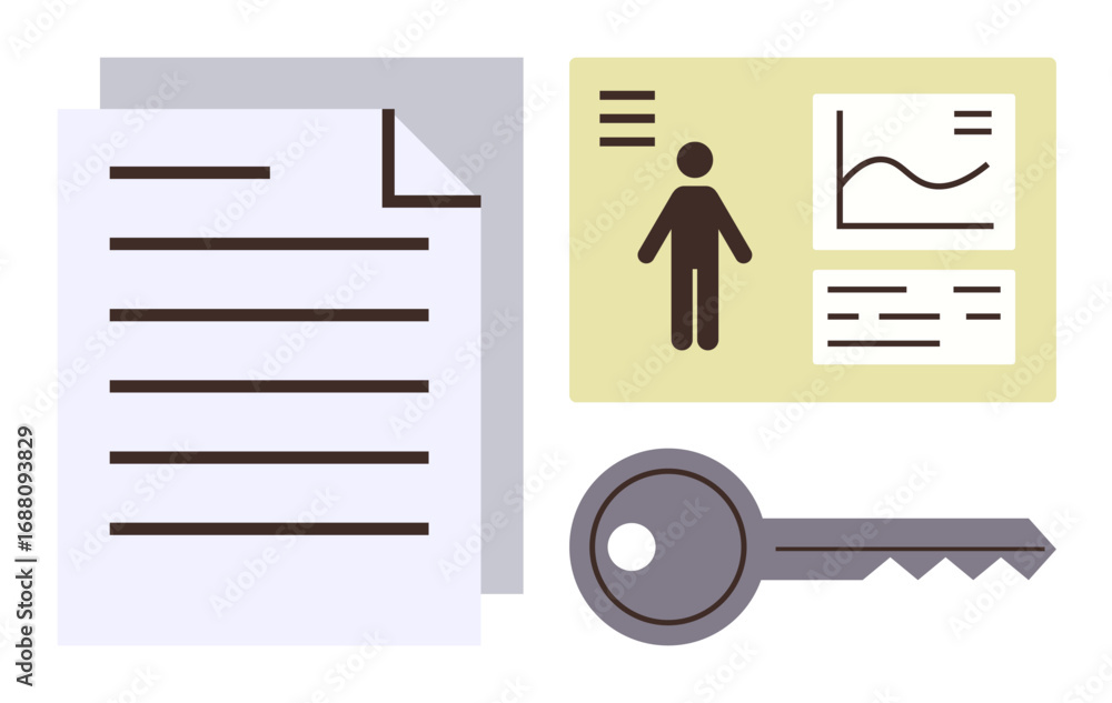 Poster paper sheet, id card with user profile and key symbolize data security, identity verification, and a