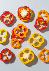 Vibrant bell pepper slices in an abstract floral composition showcasing culinary beauty and healthy eating concept