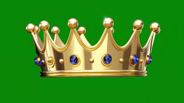 Golden Crown Spinning and Rotating on Green Screen Background Isolated Royal Motion Animation, Generative AI