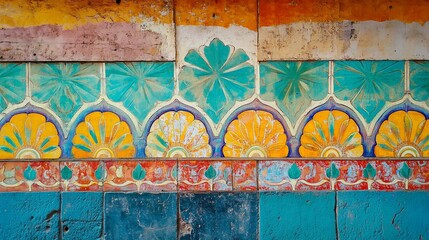 Vibrant and Detailed Close-Up of a Colorful Ornate Wall with Floral Patterns