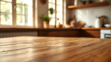 A close-up of a wooden table's natural texture, softly lit with a warm kitchen backdrop.