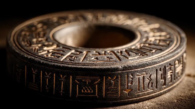 Close-up of Ancient Rune Stone Disc from Lost Civilization
