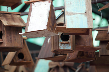 Charming Wooden Birdhouses Hanging in a Rustic Display