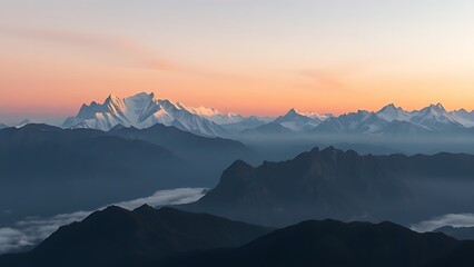 Majestic mountain range at sunrise with soft pink and orange hues over snowy peaks and misty valleys.