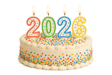2026 cake celebrating new year with burning candles on transparent background