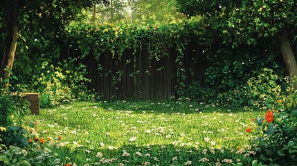 Tranquil garden scene with vibrant flowers and a wooden fence backdrop