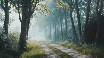 A Tranquil Morning, Fog-Laden Path through a Picturesque Forest