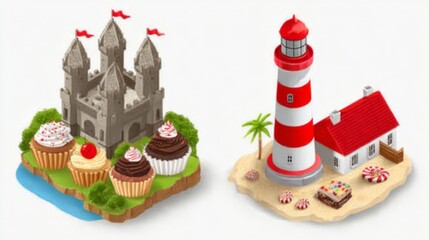 Fantasy Dessert Castle and Coastal Lighthouse with Colorful Treats