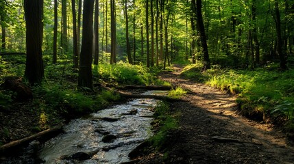 Sunlight filtering through the lush green canopy of a serene forest stream