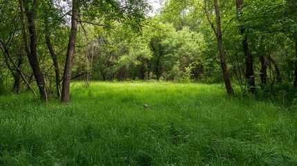 Enchanting forest glade with vibrant green grass and lush foliage, ideal for tranquil nature scenes and peaceful outdoor backgrounds