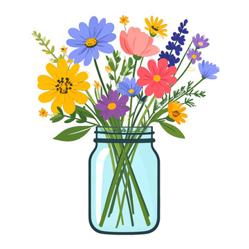 Colorful Wildflower Bouquet in Clear Mason Jar with Assorted Blossoms and Greenery on White Background Vector Illustration Fresh Decorative Floral Arrangement