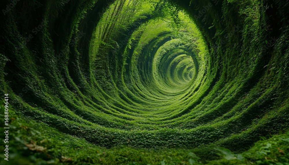Poster the image shows a winding tunnel-like structure formed by dense, vibrant green foliage, creating a v