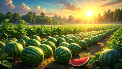 A vibrant field of striped melons basks under a radiant sunrise. Rows of ripe produce stretch toward a distant forest, bathed in golden light. 