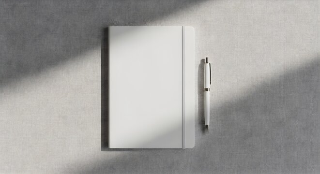 A clean, neutral aesthetic flat lay featuring a minimalist white notebook and pen, shot from a top view on a textured gray surface with dramatic shadows.
