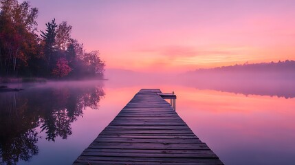 Tranquil wooden pier leading to a vibrant sunset over a misty lake landscape