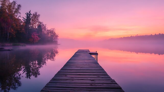Tranquil wooden pier leading to a vibrant sunset over a misty lake landscape