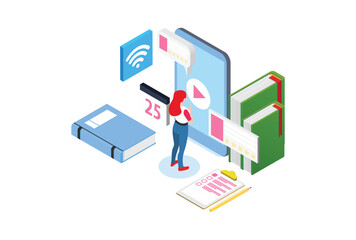 Modern Isometric Smart E-Learning Technology Illustration, Suitable for Diagrams, Infographics, Book Illustration, Game Asset, And Other Graphic Related Assets