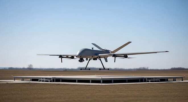 Advanced Military Drone Poised for Takeoff on a Remote Airfield Runway Platform.
