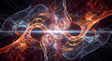 Abstract digital art depicting a high-energy collision of orange and blue light particles and swirling plasma filaments.