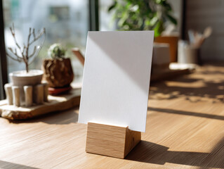 Blank card stands on wooden holder, bathed in warm sunlight on wooden table. background features blurred plants and art supplies, creating cozy and creative atmosphere