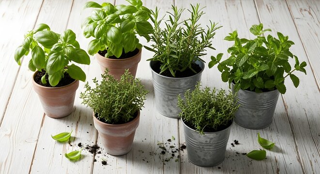 Fresh potted herbs including basil, rosemary, and thyme are arranged on a rustic wooden table, captured in bright, natural light with a shallow depth of field.