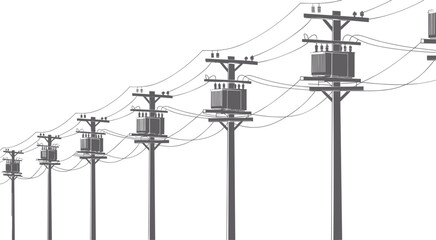 Electric power poles with transformers, utility lines illustration, electricity distribution system vector, high voltage infrastructure drawing, CAD drawing flat vector illustration