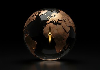 Elegant golden globe with compass needle on a reflective black surface symbolizing global direction and navigation in a sophisticated world