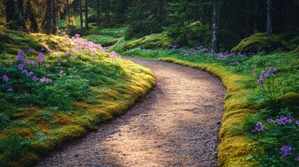Enchanting Forest Path with Purple Flowers and Moss, Offering Tranquility and Natural Beauty