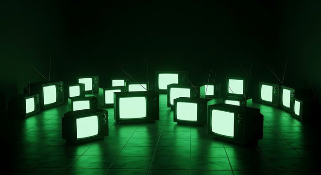 Illuminated Retro Televisions in a Dark Room with Green Tiled Floor