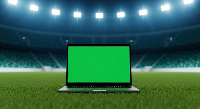 Laptop on Grass in Stadium with Green Screen Display - Powered by Adobe