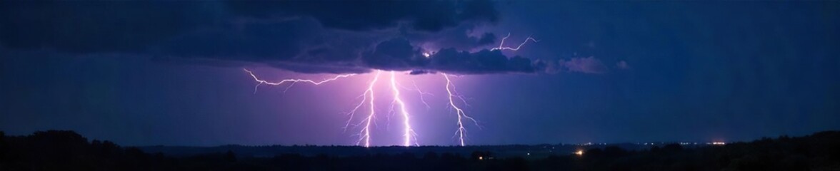 Breathtaking Dramatic Lightning Storm Over Silhouetted Landscape Powerful Bolts Illuminate Ominous Cloudscape at Night