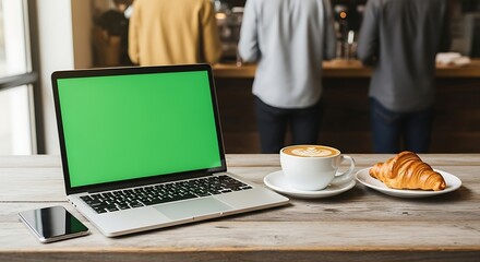 Laptop with Green Screen, Coffee, and Croissant in a Cafe