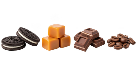 A selection of sweet treats including cookies, caramel, chocolate, and coffee beans, isolated on transparent background