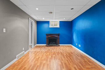Blue room with a fireplace and a wood floor
