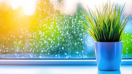 Indoor serenity green plant on a window sill with raindrops and a vibrant blurred background