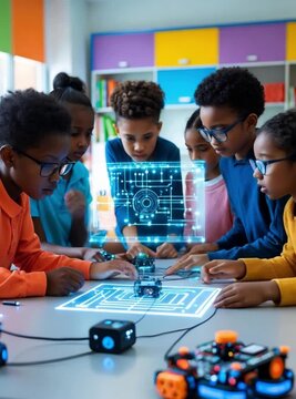 Kids Learning Robotics and Technology in Classroom Innovation Future