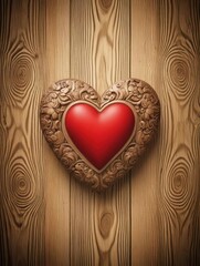 A red heart surrounded by intricate wood grain patterns on a wooden background