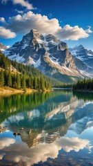 Towering mountain range with snow-capped peaks and serene lake in the foreground