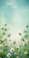Pastel green and white clover flowers scattered on a soft watercolor background
