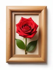 Elegant red rose in a beautifully crafted wooden frame on a white background