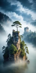 A lone tree stands beside a mist-shrouded stone fortress in the heart of the dense forest