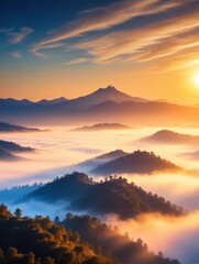 Mountain range at sunrise with misty fog