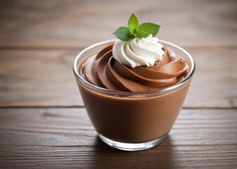 Rich chocolate mousse dessert in a small cup with whipped cream on top