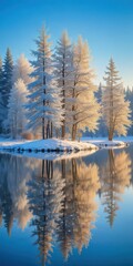 Frosty forest scene with snow-covered trees standing tall in the winter landscape