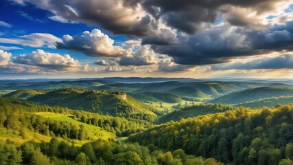 Expansive Panoramic Vista of Densely Forested Rolling Hills Under a Dramatic Sky